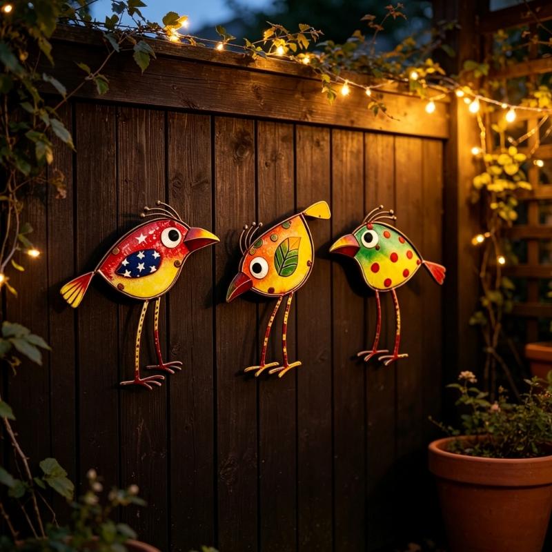 Garden Cartoon Bird Wall Art Decors Set of 3 Colorful Acrylic Hanging Art Piece Plaque for Fence or Wall Decorative Ornaments
