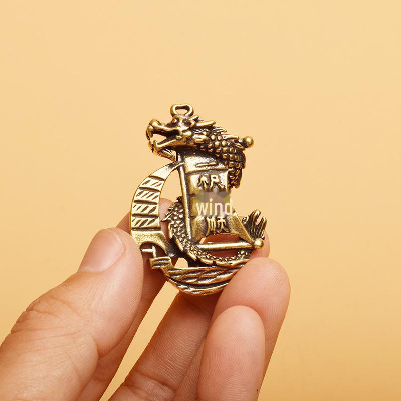 Brass Dragon Boat Keychain with Peace & Luck and Peanut Apple Pendant
