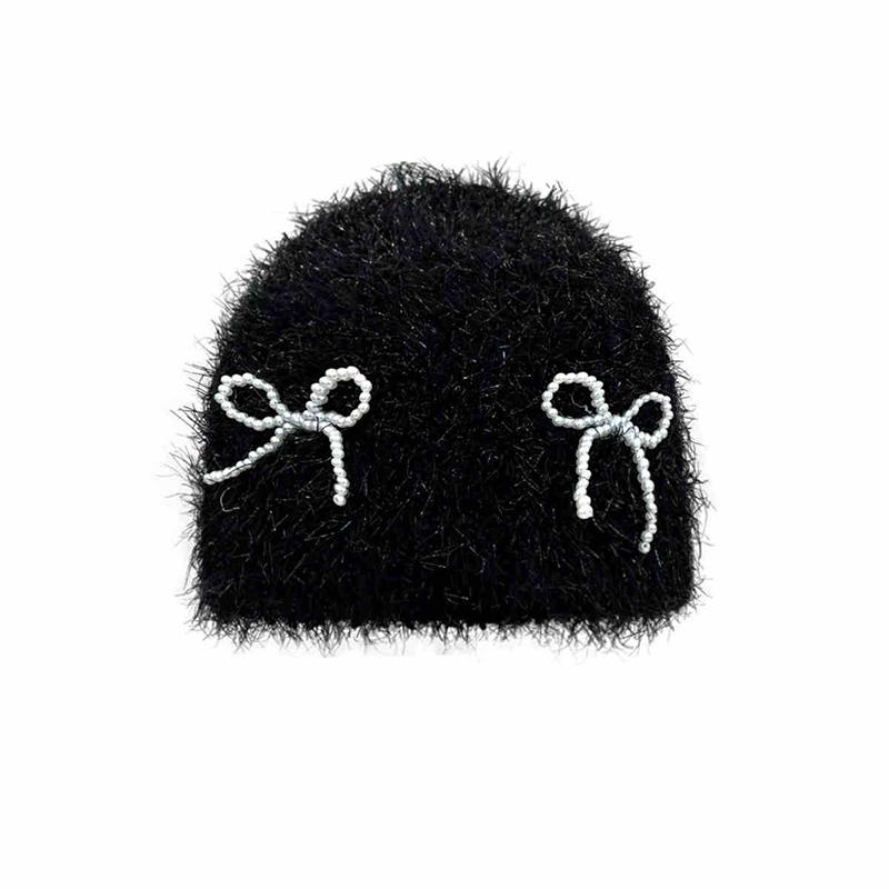 Осень и зима, новая шапка с рукавами, женская плюшевая жемчужная вязаная шапка с бантом, мягкая липкая вязаная шапка