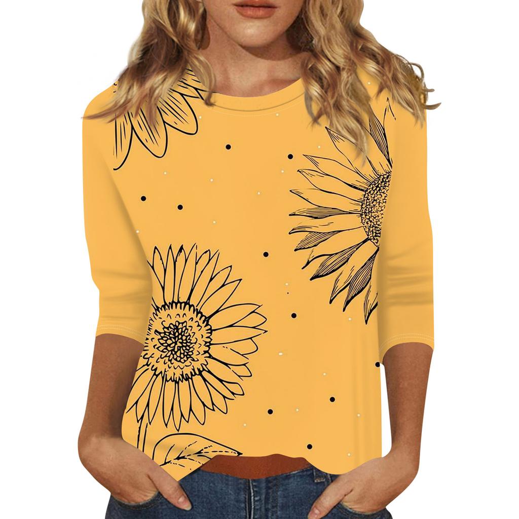 Round Neck 3D Printed Sunflower Pattern Top Fashionable Casual Long Sleeved Women's T-shirts