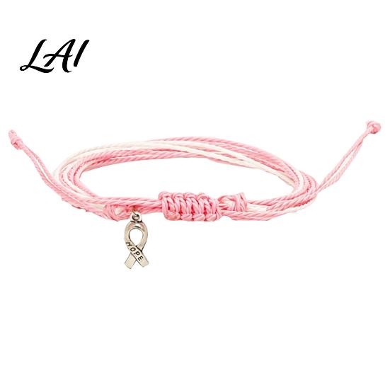 Handwoven Rope Wristband Breast Cancer Awareness Bracelet for Women Adjustable Woven String with Commemorative Charity Event Accessories Ribbon