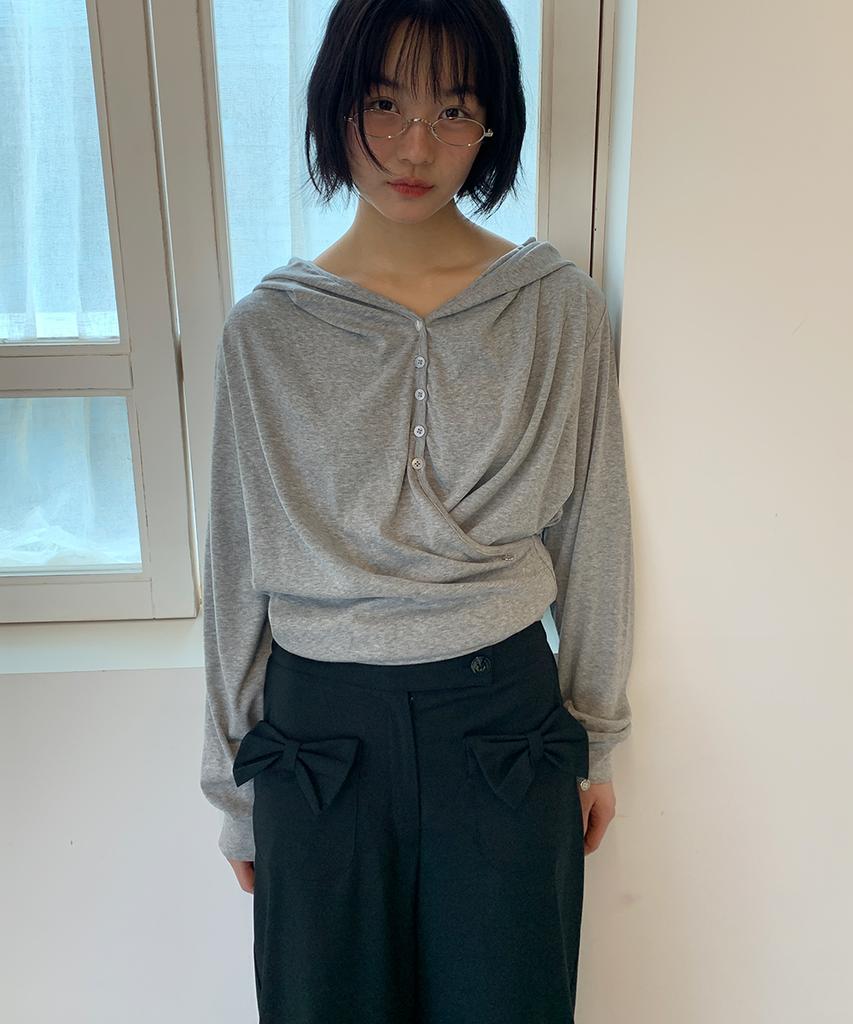 RONRON Ribbon Pocket Shirring Bermuda Pants Black
