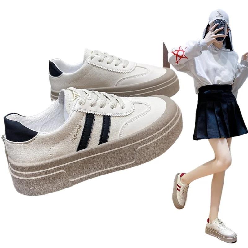 Кроссовки женские на толстой подошве из кожи со шнуровкой на плоской подошве с круглым носком для женщин, однотонные туфли из вулканизированной кожи на плоской платформе