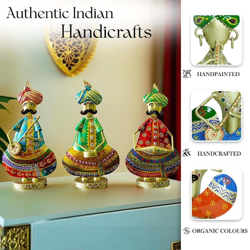 Metal Show Pieces for Home Decor | Gift Items for Showcase, TV Unit Decoration | NEW (Rajasthani Sardar Musicans - Set of 3)