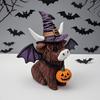 2Pcs Halloween Highland Cow Resin Figurine Wizard Hat Pumpkin Broom Cattle Statue Sculpture Holiday Party Decoration Ornament
