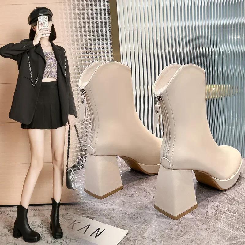 High Heels Short Boots Women Fashion Shoes 2024 New Autumn Winter Chunky Heels Waterproof Square Toe Plus Size Ankle Boots