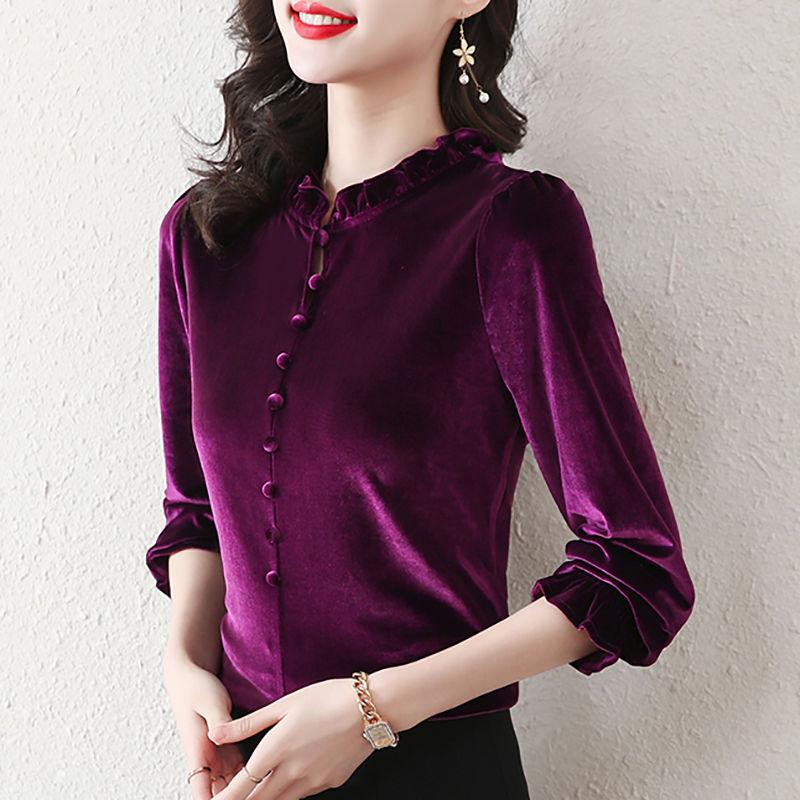 Осень-зима золотые бархатные рубашки женская мода с длинным рукавом сплошной цвет пуловер свободная рубашка