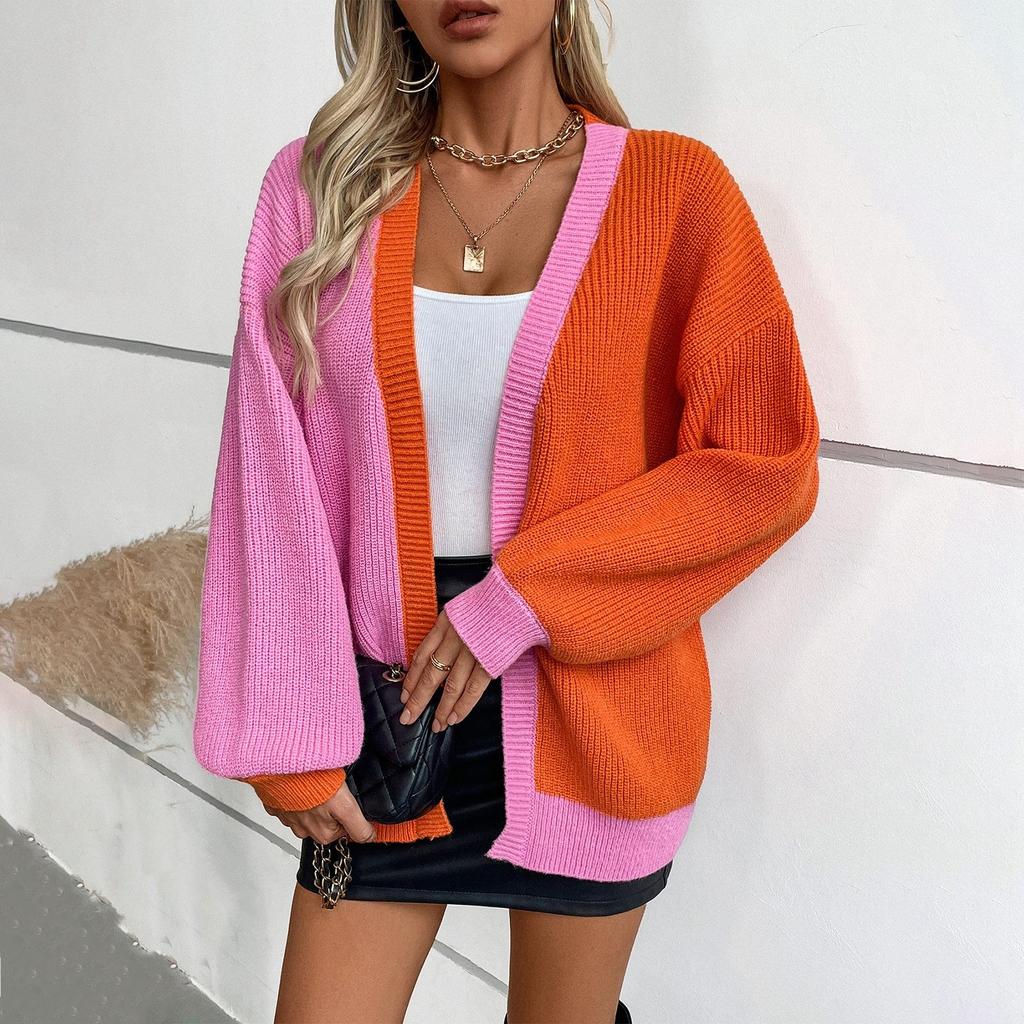 Women's Color Block Sweater Casual Loose Long Sleeved Knitted Cardigan Jacket