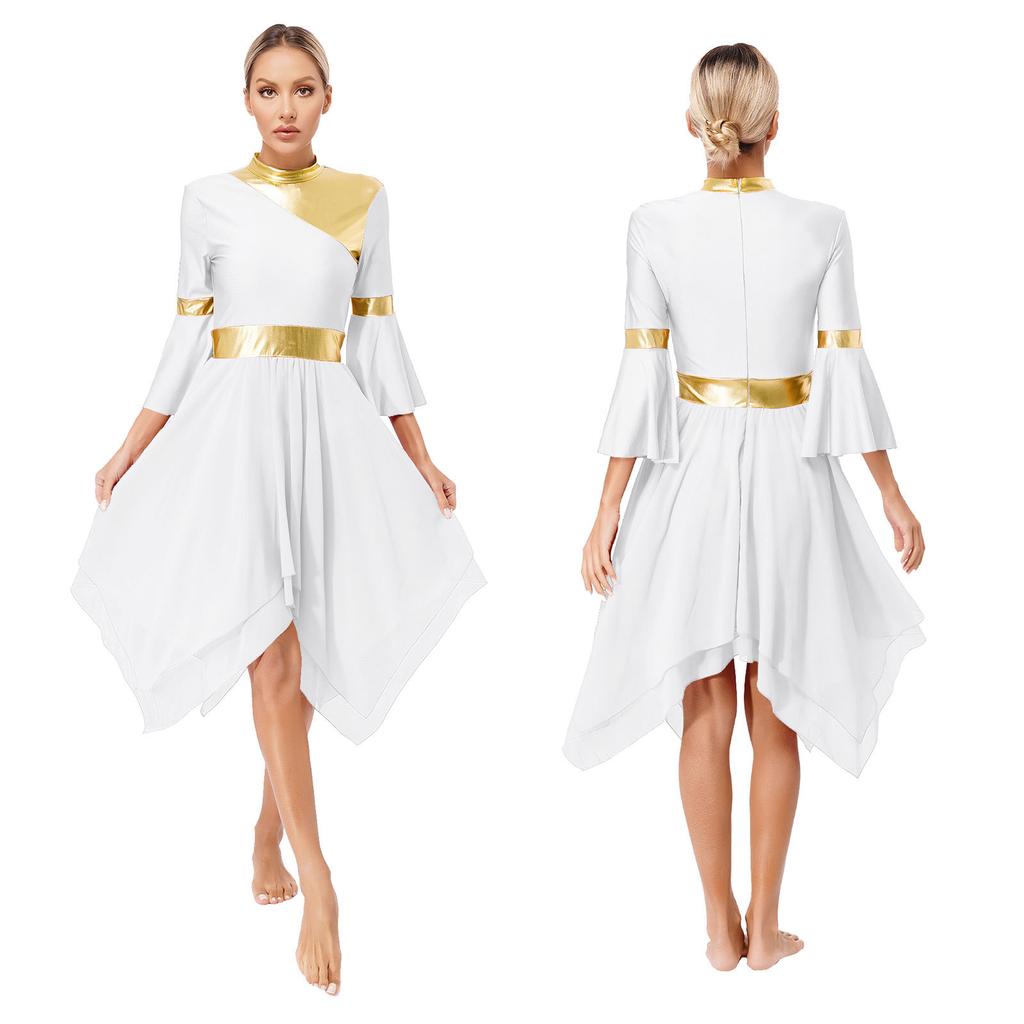 Женщины Девочки Расклешенный рукав 3/4 Металлическая танцевальная одежда для церковного богослужения Литургическая танцевальная одежда Туника Асимметричный подол Лирическое танцевальное платье Накладка