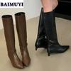 Женские высокие ботинки челси с острым носком на каблуке, зимняя женская обувь 2024 года, тренд, мягкая кожа, готика, роскошь, вечеринка, слипоны, Botas Mujer