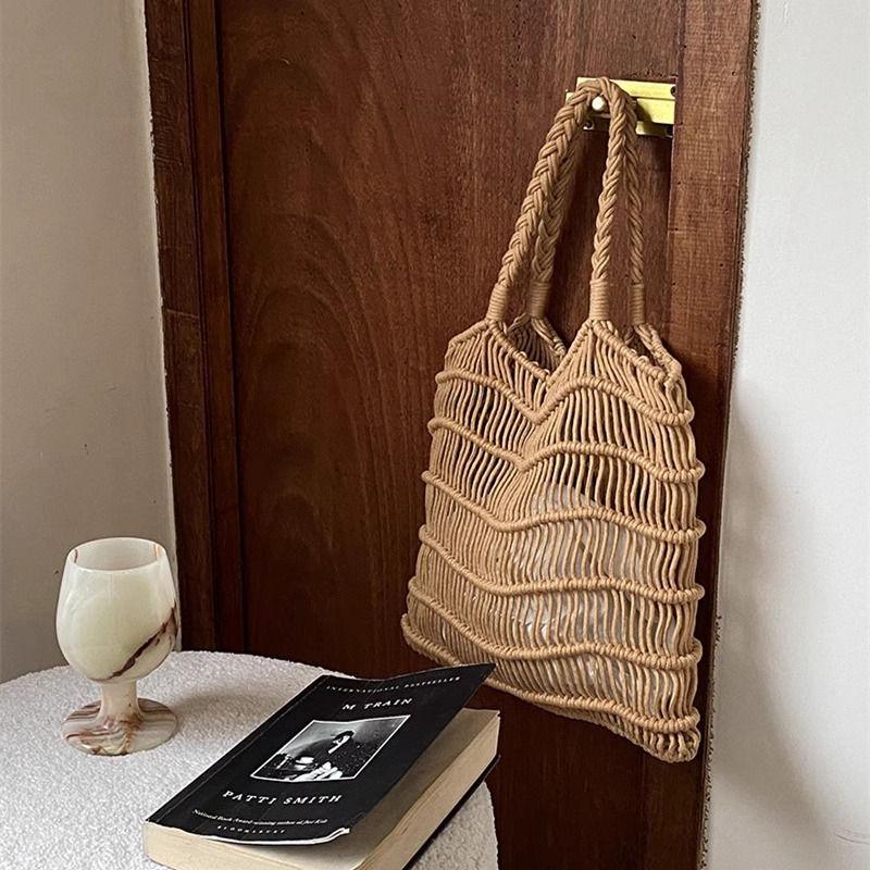 Соломенная плетеная женская сумка из хлопка, ручной работы, для отпуска - Ленивая летняя ажурная пляжная сумка, универсальная сумка под мышкой