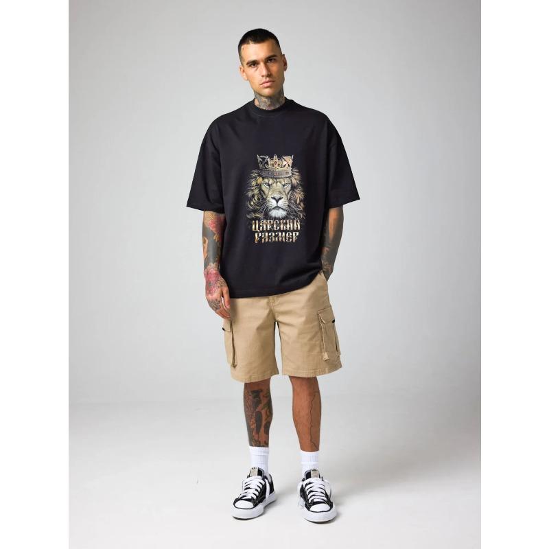 White T Shirt with Lion King Crown Graphic and Russian Text for Casual Wear