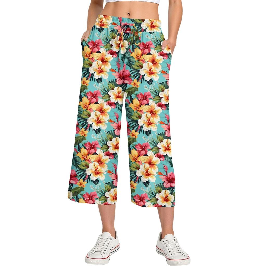 Женские летние повседневные спортивные брюки с высокой талией и принтом, укороченные брюки свободного покроя