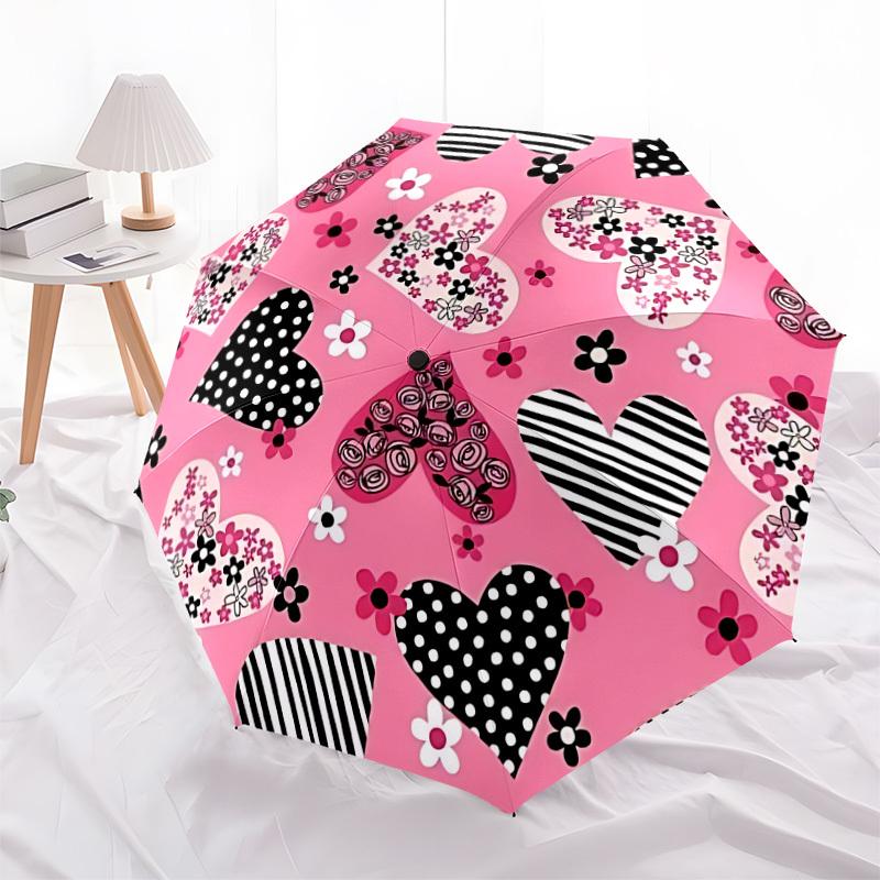 1pc Heart Print Automatic Folding Umbrella, 8 Ribs Iron Frame, Suitable for Outdoor Travel and Daily Use yy251120229