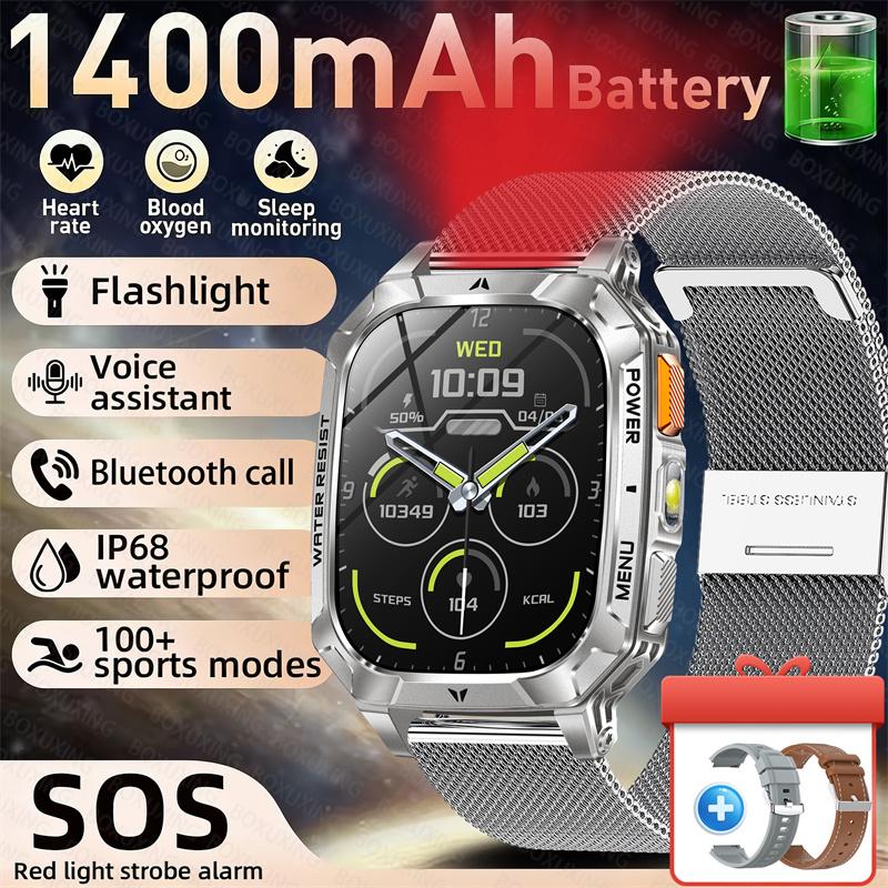 Rugged Outdoor Smart Watch 1400mAh 2.01" HD Screen Bluetooth Call GPS IP68 Waterproof Flashlight SOS Fitness Watch for Men