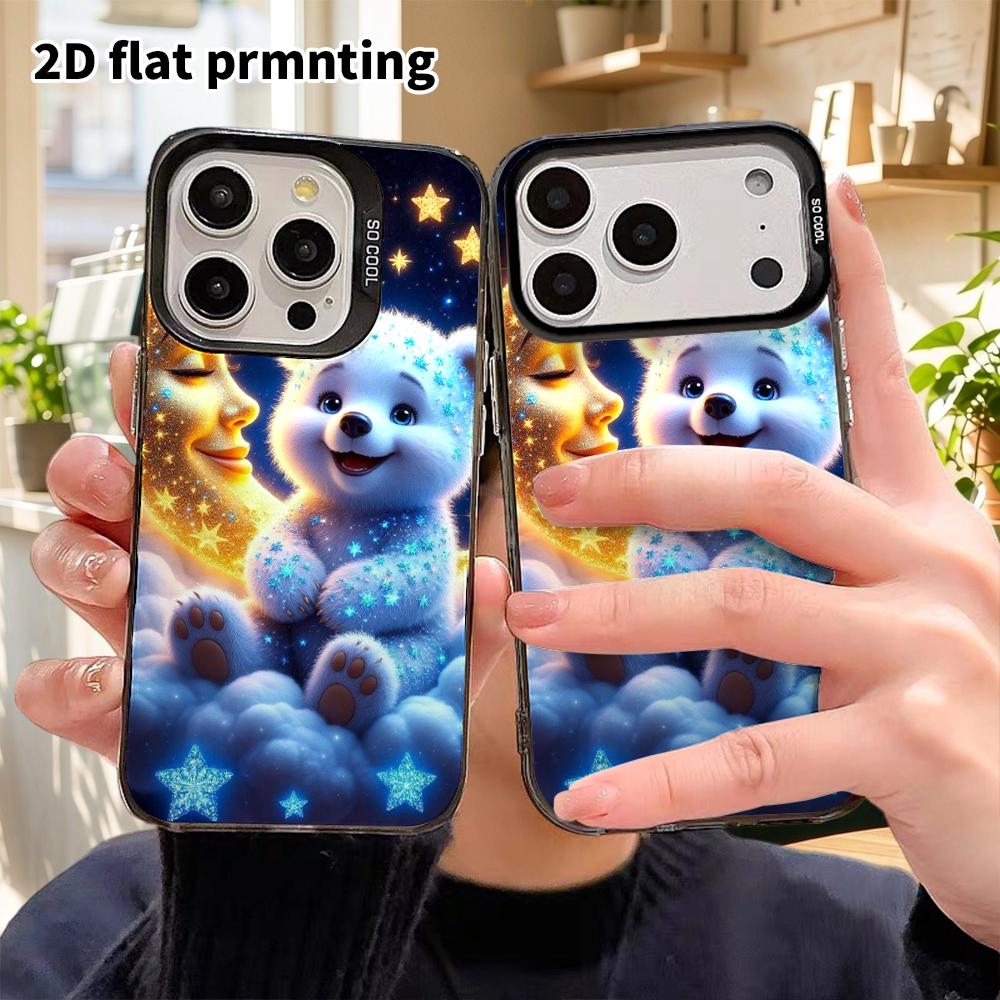 Phone Case: 2D flat design, suitable for iPhone 18 17 16 15 14 13Pro in silver and color, couple style, little white bear with stars and moon, Christm