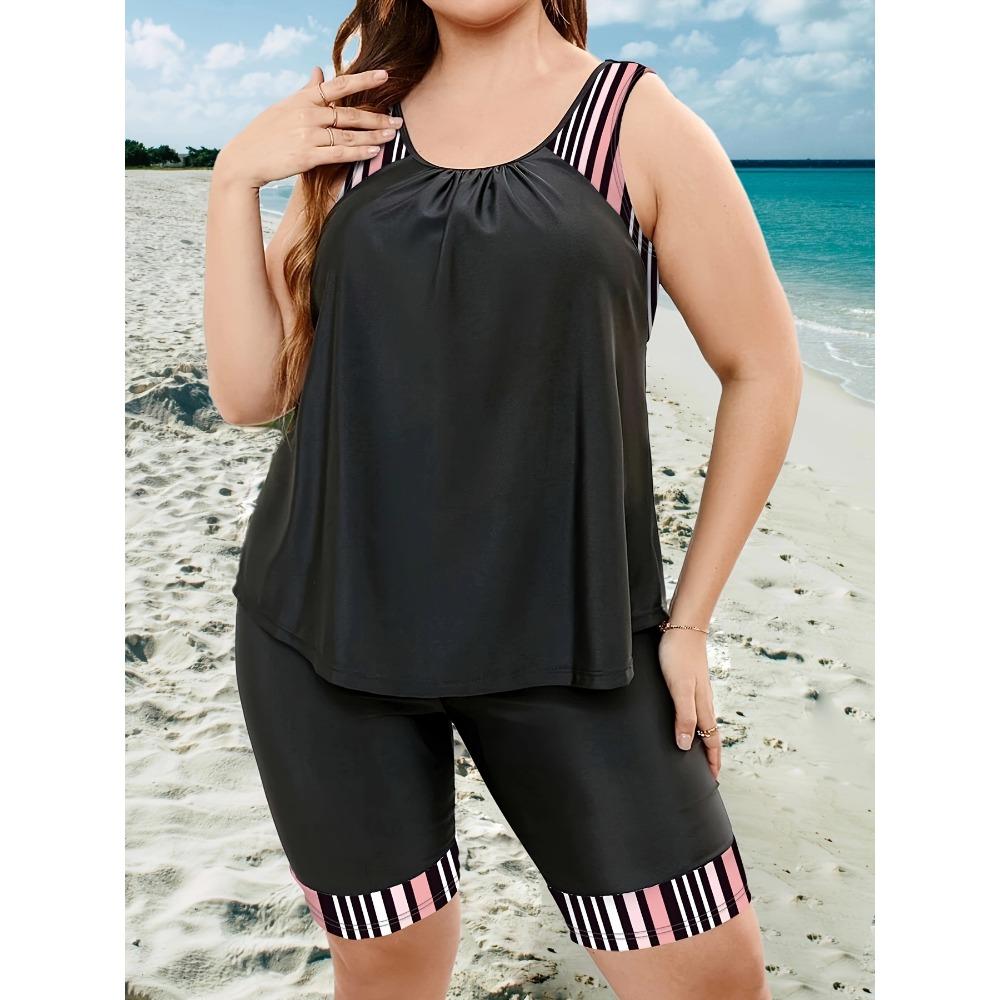 Комплект боди-танкини большого размера, женский купальник-топ с круглым вырезом и шортами, комплект из 2 предметов