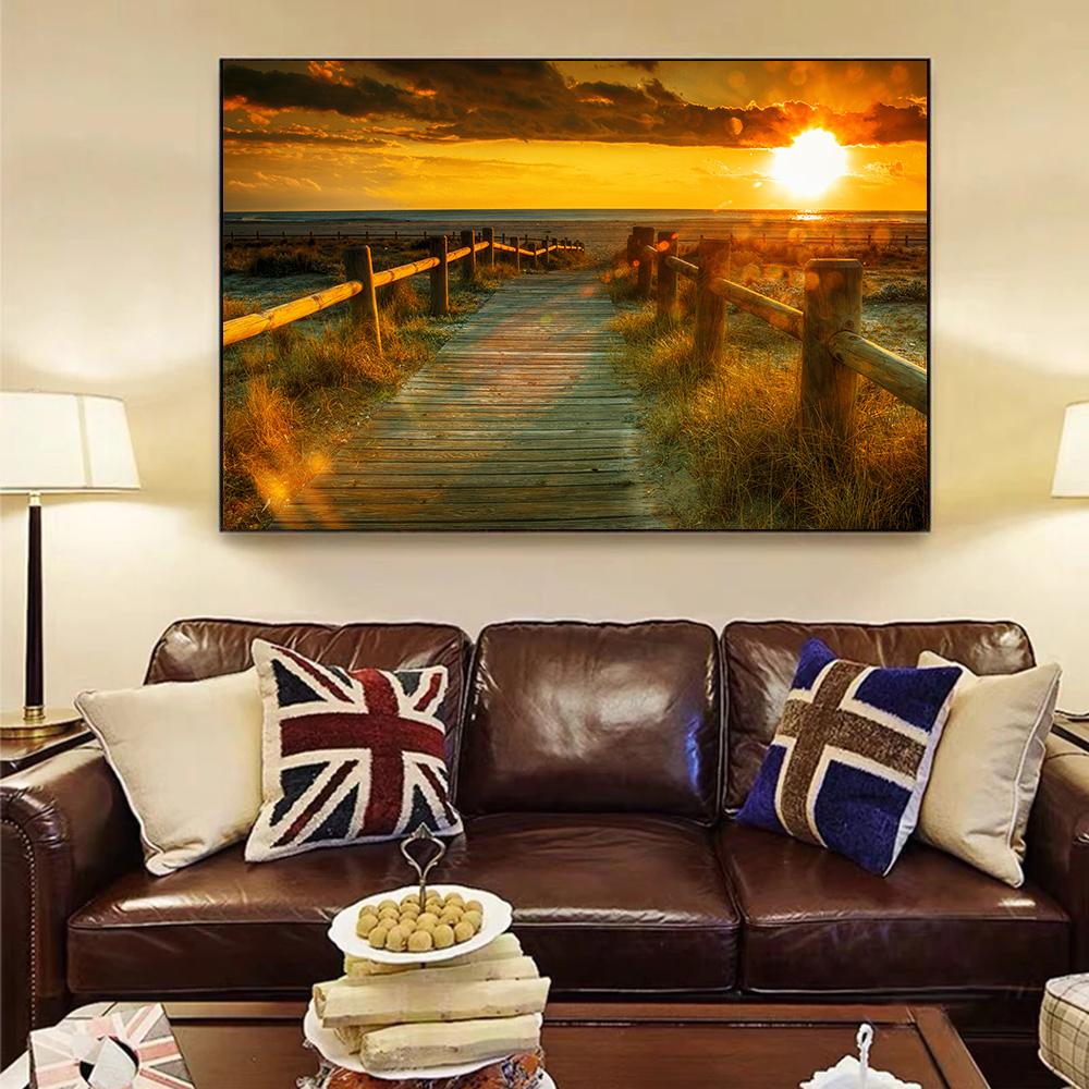 Sunset With Ocean and Jetty Canvas Art Posters Wall Prints for Living Room Bedroom Decor