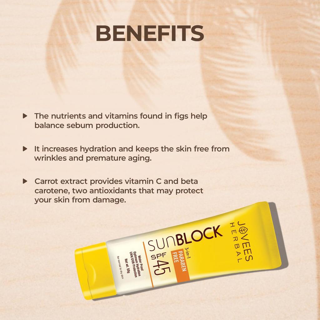 Jovees Herbal Sun Block SPF 45 Sunscreen for Even Toned Glowing Skin Lightweight Non-Greasy 100g
