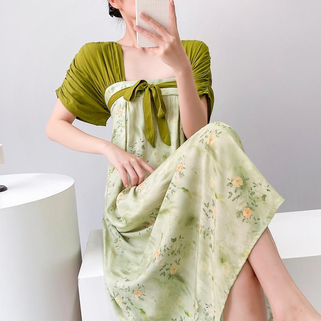 Women's nightgown thin short-sleeved printing light luxury simple breathable casual loungewear long skirt can be worn outside