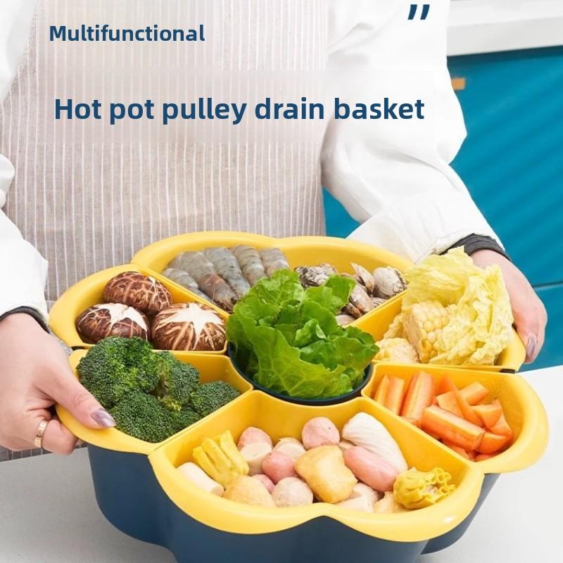 360 °rotating nine grid vegetable hotpot platter, 2-layer plastic automatic drainage, detachable fruit and nut kitchen supplies