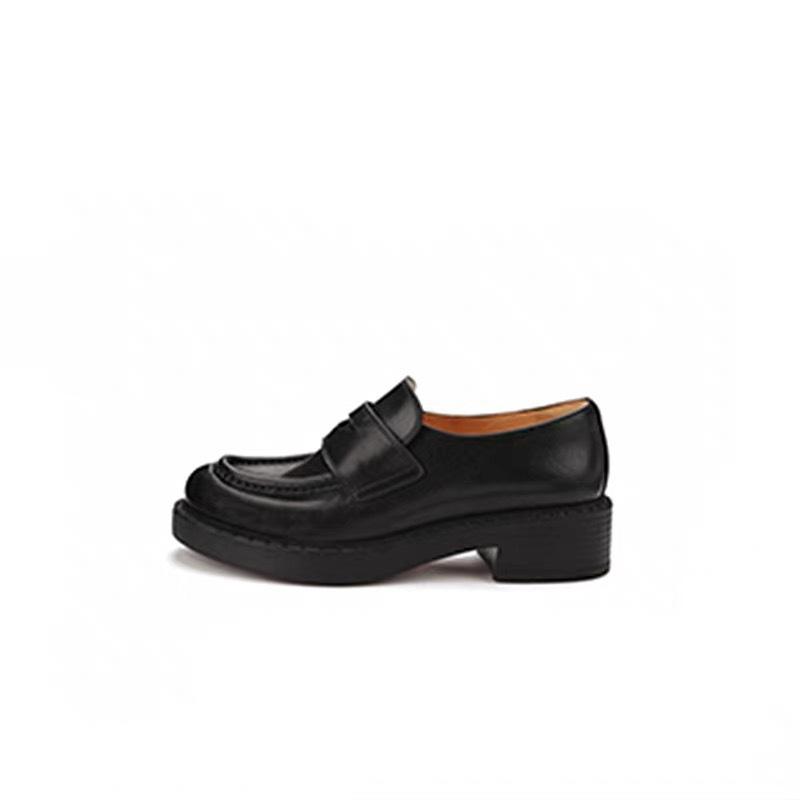 Версия из коровьей кожи~ Женские лоферы на платформе из натуральной кожи, черные, с круглым носком, на толстом каблуке, одинарная обувь, ретро, британские, ленивые, маленькие кожаные туфли