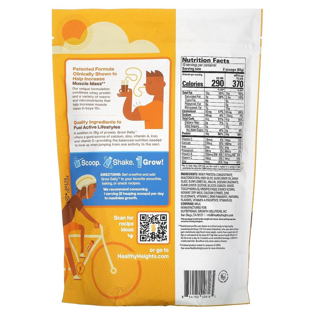 Healthy Heights Grow Daily, Whey Protein and Nutrition Mix, Boys 10+, Plain, 22.9 Oz (650 G)