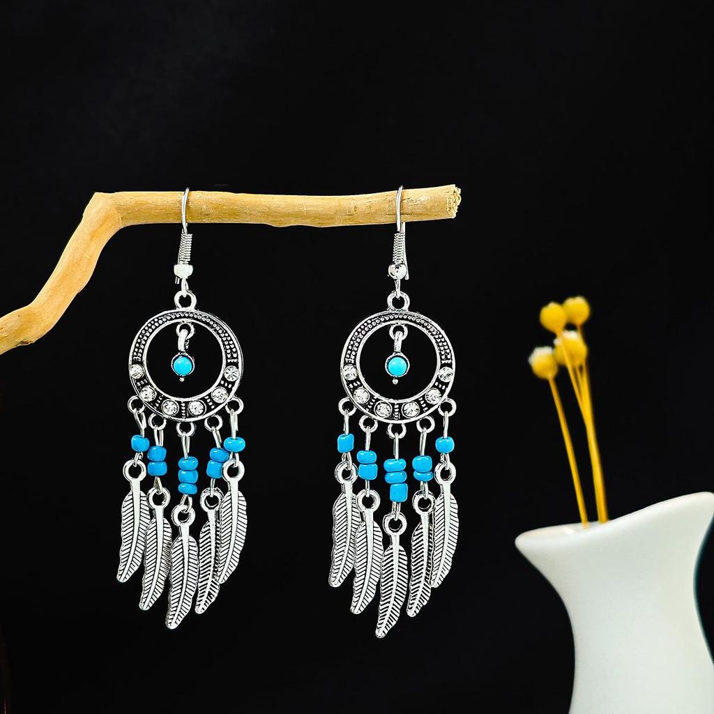 European and American Retro Hollow Turquoise Tassel Bohemian Earrings for Women