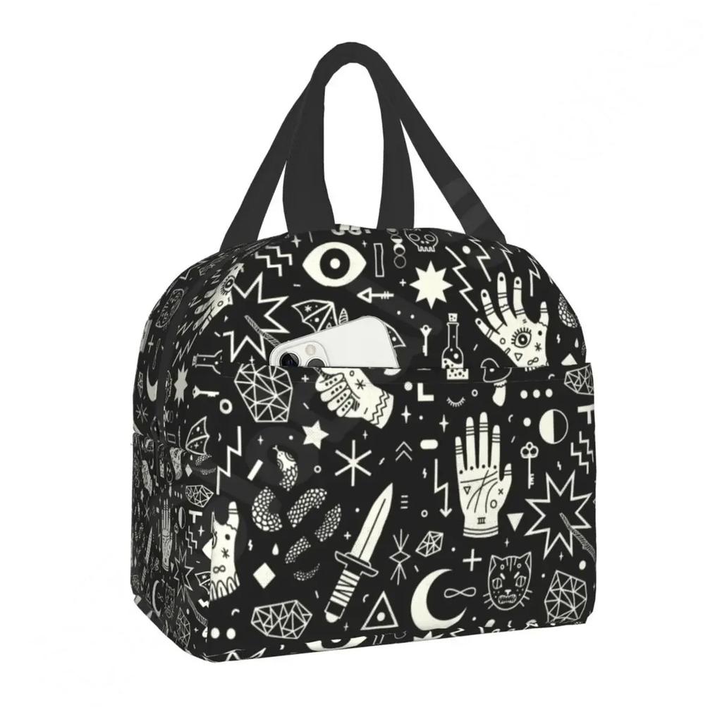 Узорная изолированная сумка для обеда для школы, офиса, Хэллоуина, черепа кошки, герметичный охладитель, термобокс для бенто для женщин и детей