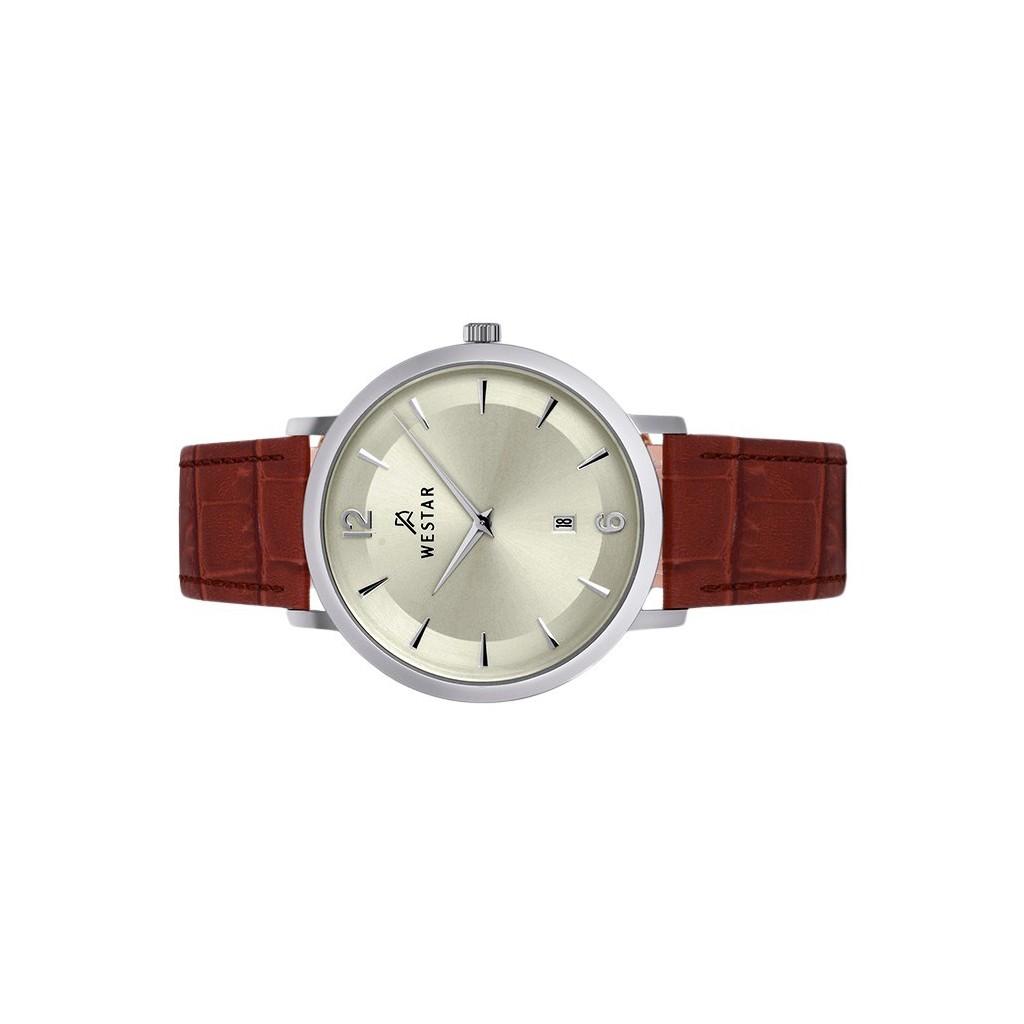 Westar Профиль Кожаный ремешок Кварцевые мужские часы с легким циферблатом цвета шампанского 50219STN122