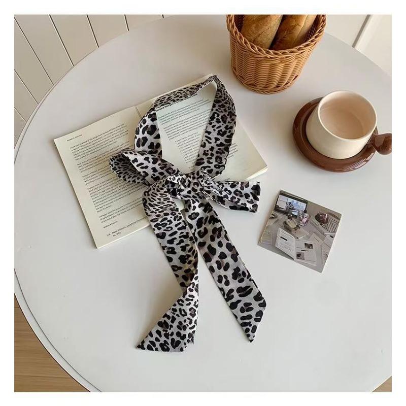 Leopard Print Long Silk Scarf Retro Neck Protector Scarf Small Wrist Millennial Fashion Streamer Belt Belt Tied Hair Band