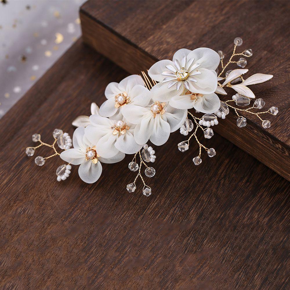 Fashion White Flower Pearl Crystal Bridesmaid Tiara Hair Combs Bridal Clips Flower Hair Pin