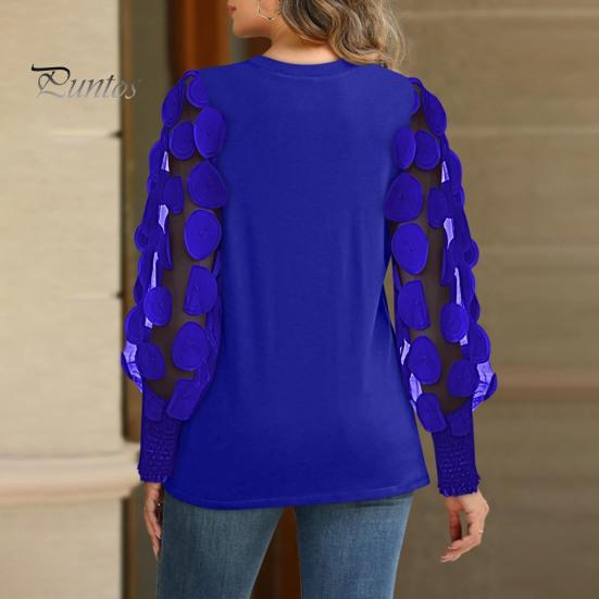 Женские топы с круглым вырезом, сетчатые, с ажурными буфами, с длинными рукавами, однотонные, универсальные, стильные, блузки