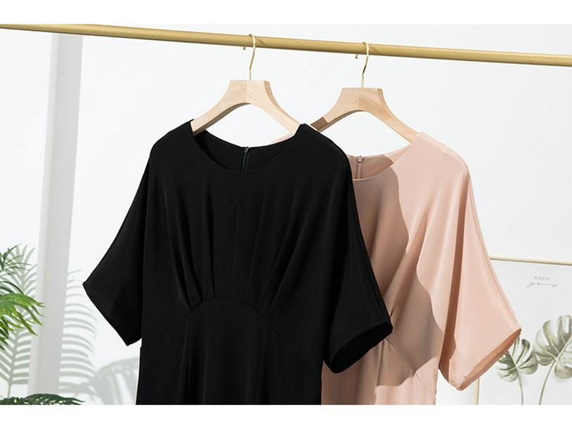 Women's Short Sleeve Real Silk Dress - Loose Fit, Solid Color, Round Neck, Long Length
