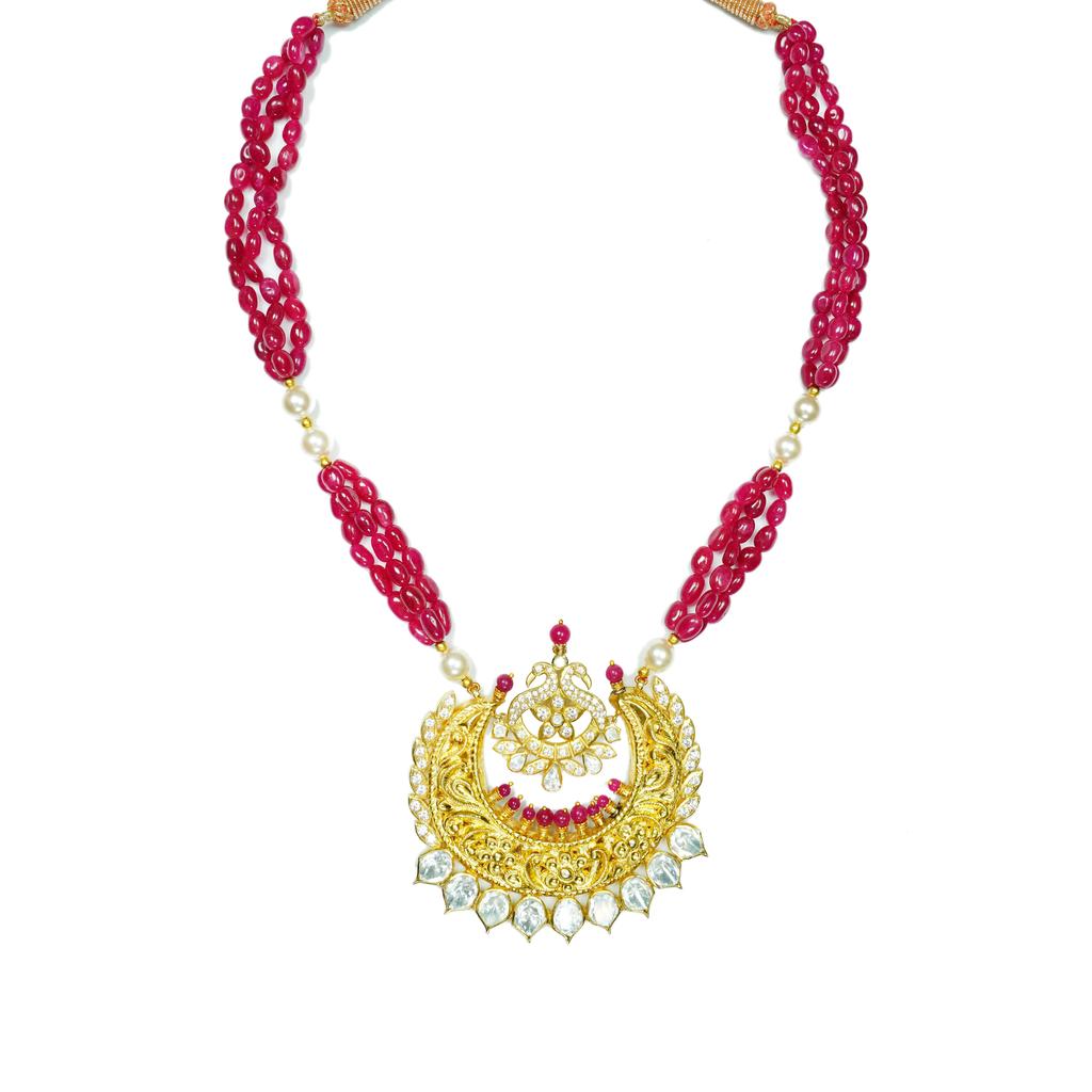 Gold Plated Kundan And Ruby Beads Necklace In Sterling Silver