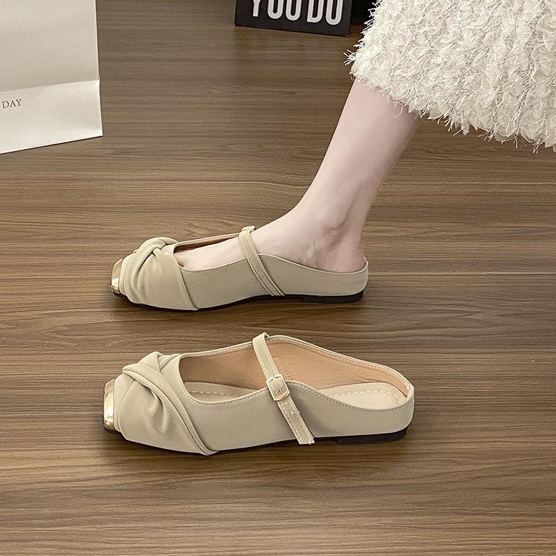 Металлические квадратные носки на плоском каблуке, полушлепанцы с закрытой пяткой, женские, весна-лето 2025, новые, на мягкой подошве, обувь Мэри Джейн, туфли