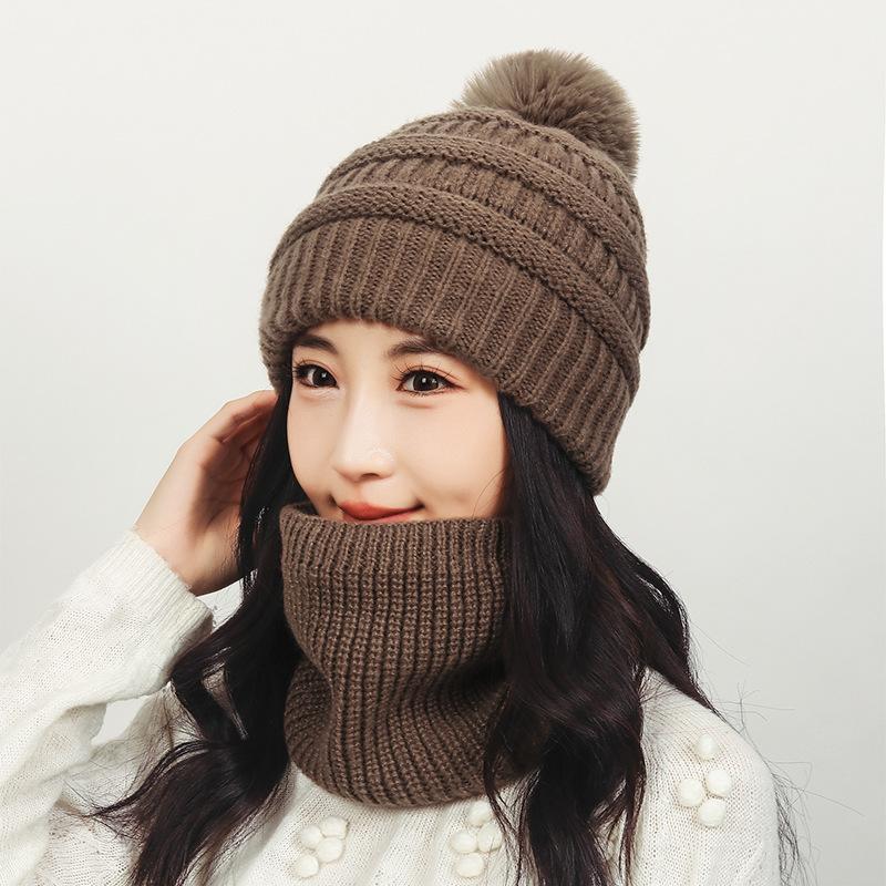 Winter Women's Scarf Knitted Hat Velvet Warm Ball Wool Hat Windproof Neck Protection Hat Scarf Two-Piece Set