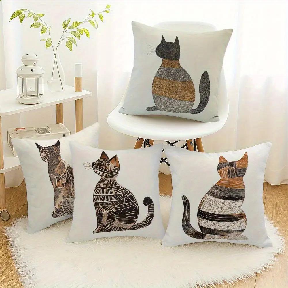 4Pcs Striped And Checked Cats Digital Printing Pillow Cover Short Plush Suitable Living Rooms Bedrooms Sofas Throw Cushion Cover