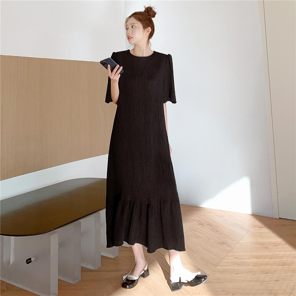 Dimanaf 2025 Summer Plus Size Dress Women Casual Vintage Short Sleeve Long Dress Loose Basic Cotton Black Dress