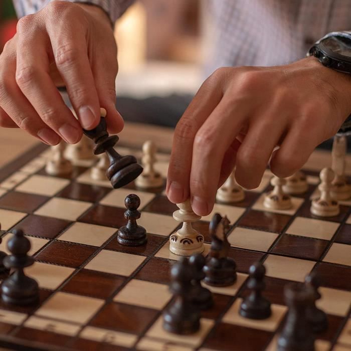 Jeu de société - PEARL - Échiquier en bois 35cm - Design brûlé unique - Pour 2 joueurs ou plus