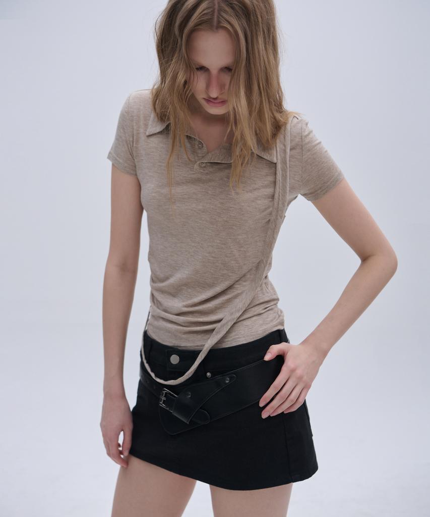 PLACE STUDIO Strap Side Shirring Slim Fit Standard Women'S Collar Soft Short Sleeve T-Shirt [Beige]