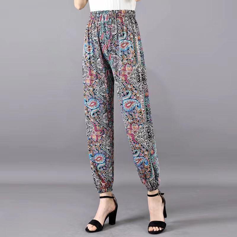 Летние женские брюки с цветочным принтом, брюки-шаровары для мам, брюки с обтачкой ног, эластичные летние брюки больших размеров