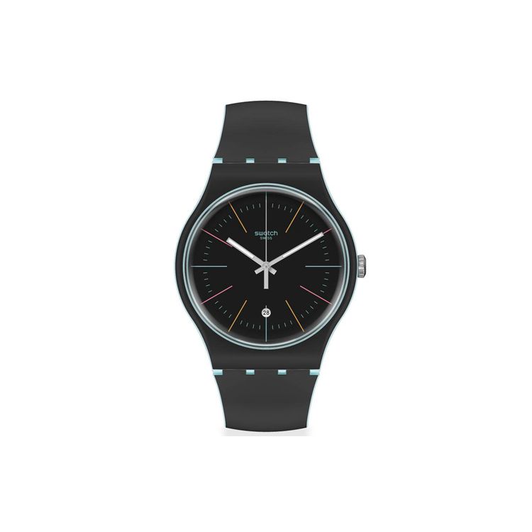Swatch Новая серия Gent Кварцевый механизм Водонепроницаемость 30 метров Часы 41 мм Черный циферблат Пластиковый корпус Силиконовый ремешок Унисекс часы SUOS402
