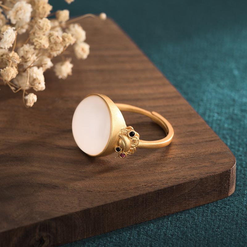 Copper-Plated Retro Court Style Ring with Imitation Mutton Fat White Jade