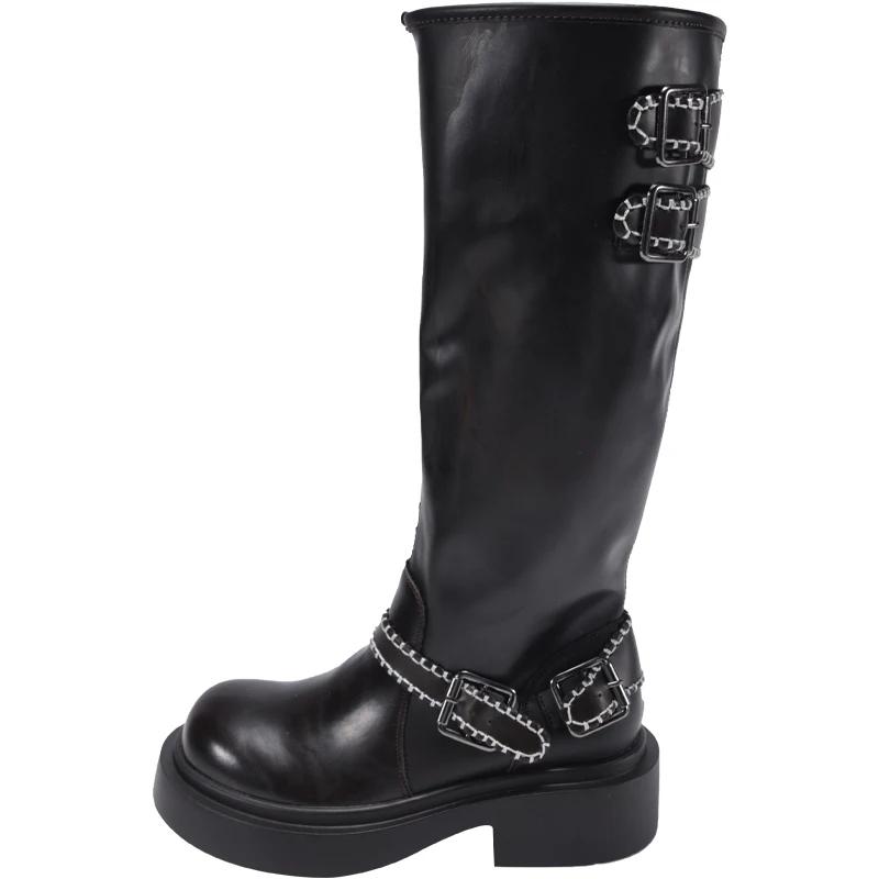 Модные женские сапоги на платформе, высокие кожаные туфли до колена, женские туфли на плоской подошве, тренд 2025 года, дизайнерская мода, зимние новые зимние мотоциклетные сапоги Mujer