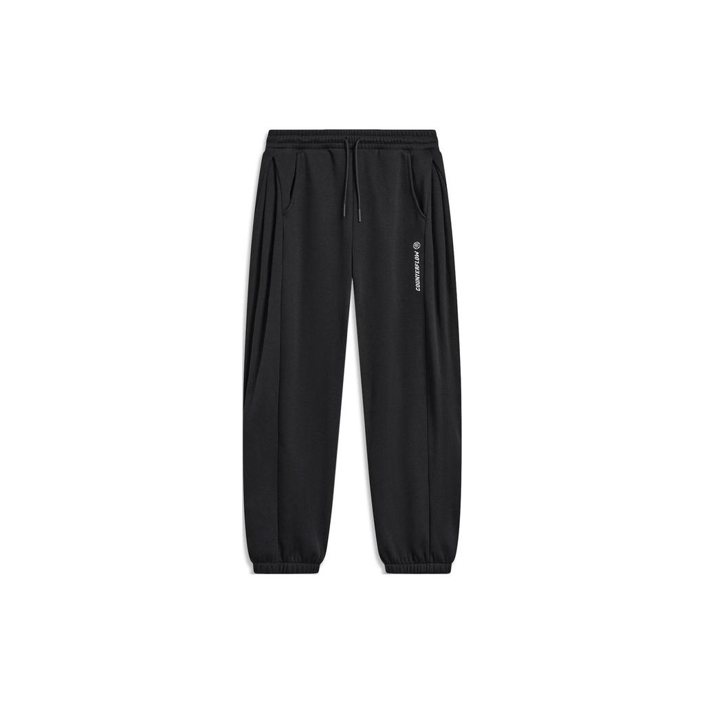 Li Ning CF Suo Solid Color Mid Waist Fleece Cuffed Knitted Sports Pants Women Pants Black AKLTB02-1