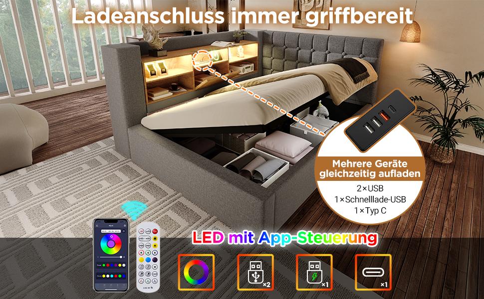 Upholstered Double Bed 140x200 cm, LED Lighting, Hydraulic Storage, L-Shaped Headboard Storage, Both Sides, Slatted, Linen, Grey (With Mattress)