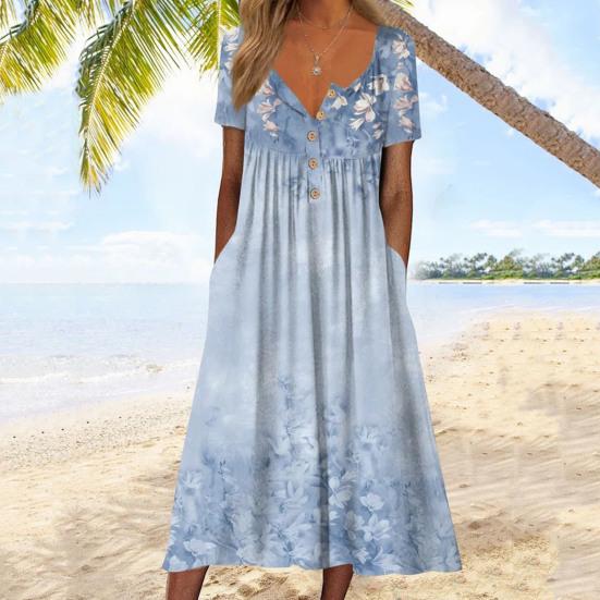 Summer Women Dress A-line Loose Hem Pleated O Neck Half Button Closure Short Sleeve Loose Side Pockets Retro Floral Print Mid-calf Length Commute