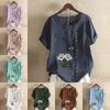 Women's New Fashion Linen Shirt Round Neck Short Sleeve Flower Printed T-shirt Summer Ladies Casual Plus Size Blouse Tops