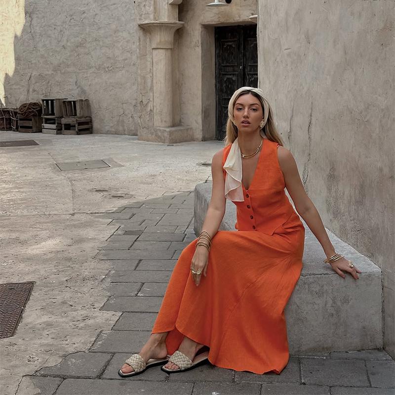 Solid Color Two Piece Set for Women 2025 Fashion V Neck Sleeveless Top High Waist Temperament Skirts Elegant 2 Piece Sets Female